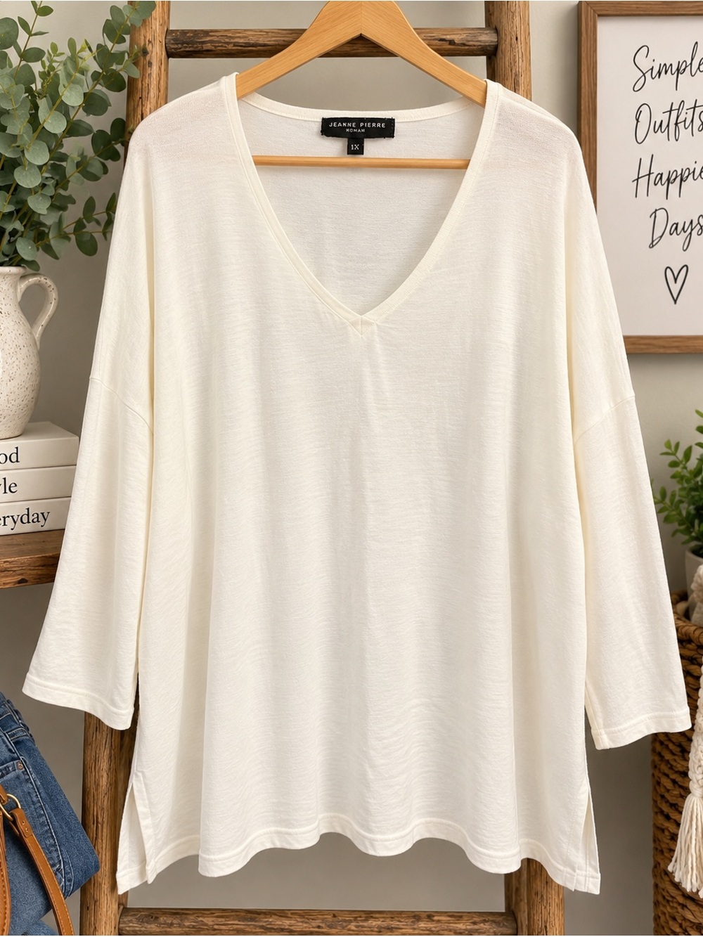 Jeanne Pierre Woman 1X Cream V-Neck Top
